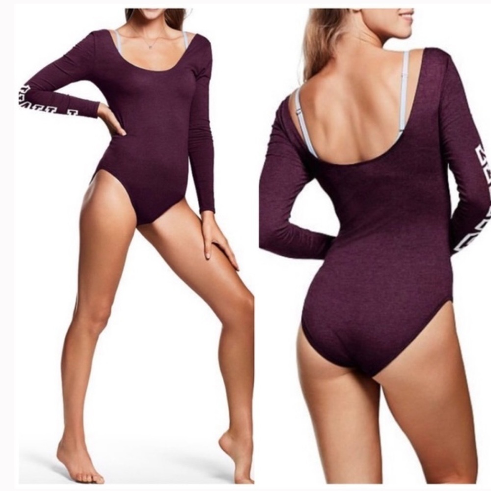PINK Victoria’s Secret Maroon Long Sleeve Bodysuit Size Small